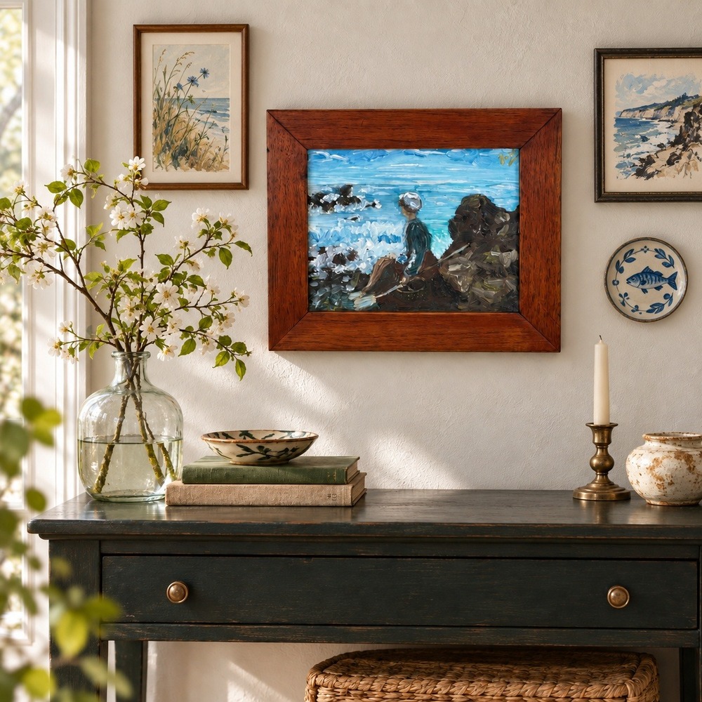 Original Signed Coastal Painting, Seated Figure by Blue Surf, Framed Wall Art